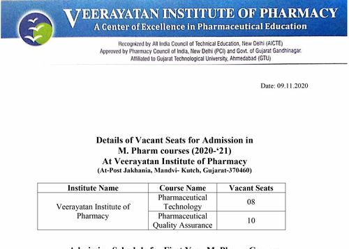 Vacant Seats Admission Schedule for M.PHARM 2020 - 21