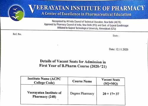 Vacant Seats Admission Schedule for B.PHARM 2020- 21