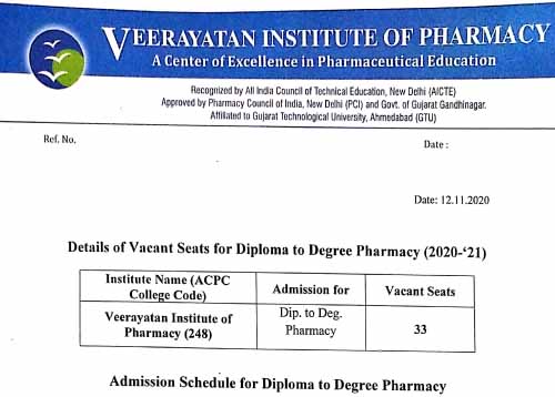 Vacant Seats Admission Schedule for Diploma to Degree Pharmacy  2020 - 21