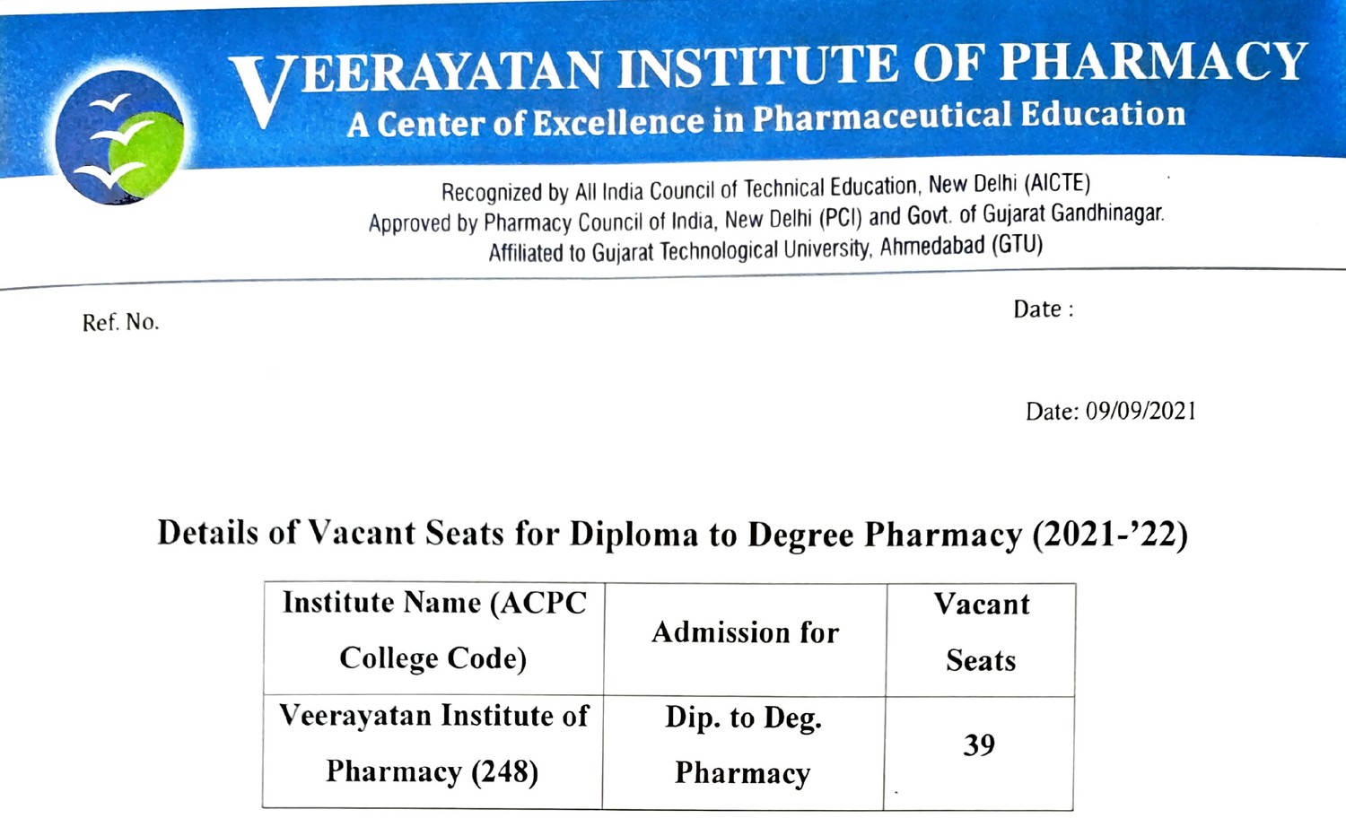 Vacant Seats Admission Schedule for Diploma to Degree Pharmacy  2021- 22