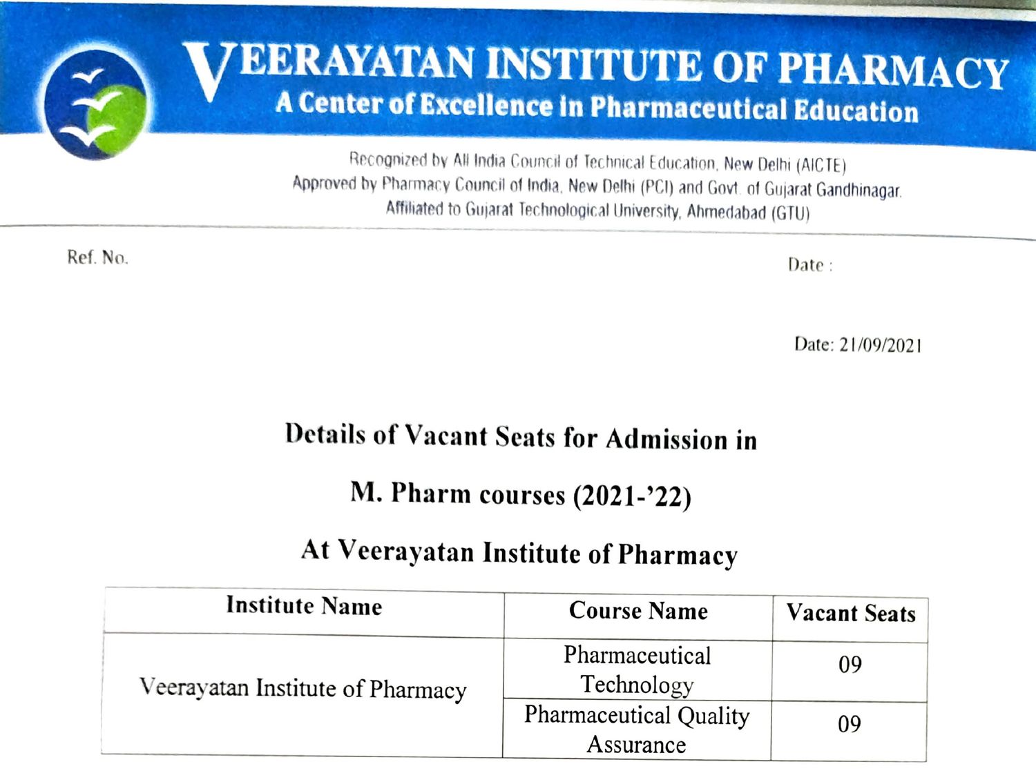 Vacant Seats Admission Schedule for M.Pharm 2021-22