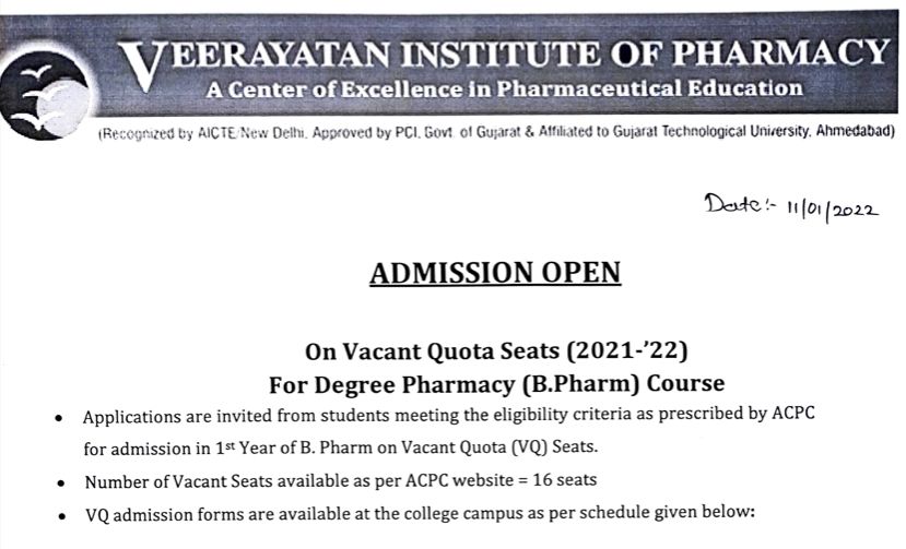 Vacant Seats Admission Schedule for B.Pharm 2021-22