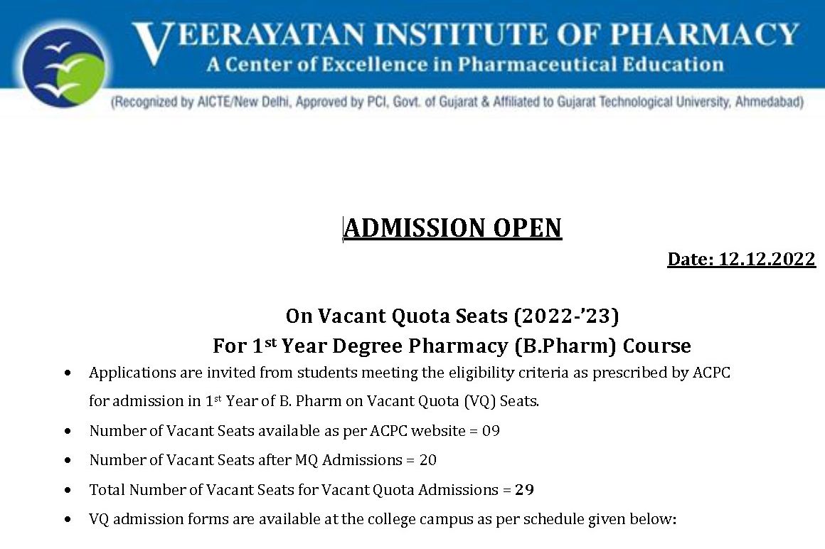 V.Q Admissions for 1st Year B.Pharm 2022-23
