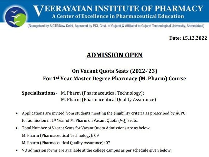 VQ Admissions for 1st Year M.Pharm 2022-23