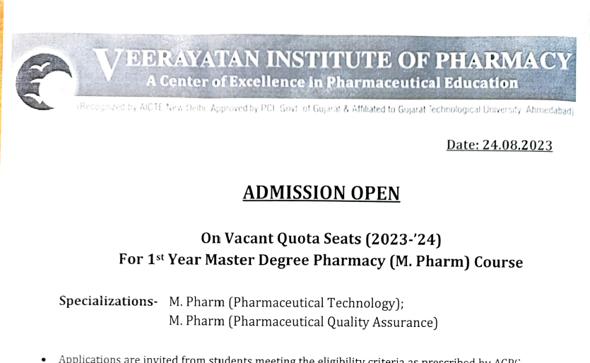 VQ Admission Schedule for 1st Year M.Pharm 2023-24